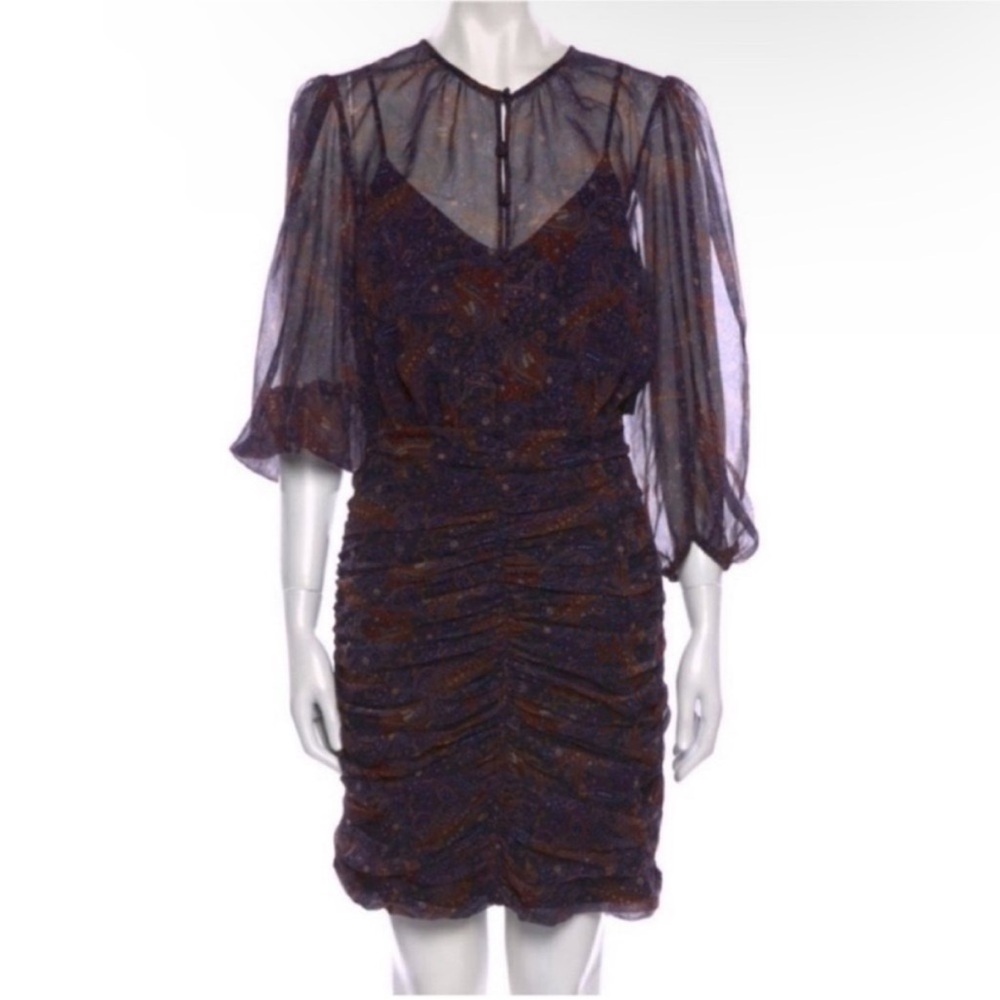 Veronica Beard Purple Sheer Ruched Mini Dress with Brown Accents